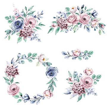 Set flowers watercolor painting, floral vintage arrangements, wreaths with dusty roses. Decoration for poster, greeting card, birthday, wedding design. Isolated on white background.