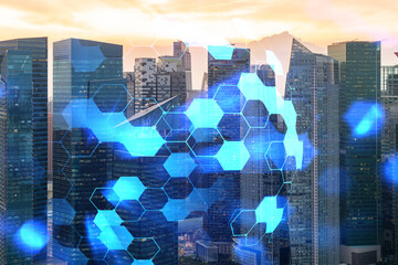Hologram of abstract technology glowing icons, panoramic cityscape of Singapore at sunset, Asia. The concept of worlds technological changes. Double exposure.