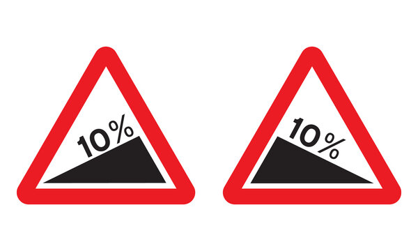 Steep Ascent and Steep Descent warning road sign set. Vector illustration of danger hill caution traffic sign. Attention red triangle mark isolated on white background.