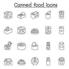 Canned food & Preserved food icons set in thin line style