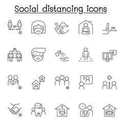 Social distance icons set in thin line style