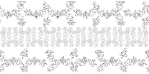 Stylish white vintage floral kalamkari ornament pattern on black background. Vector surface design for fabric, apparel textile, book, interior, wallpaper, phone case. Monochrome
