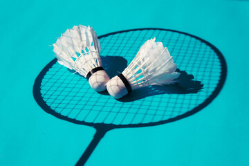 Imagen moderna y colorida de un set de badminton con raquetas y proyectil de plumas blanco