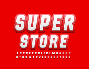 Vector bright logo Super Store with Red and White Font. Trendy Alphabet Letters and Numbers