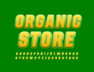 Vector eco label Organic Store. Green and Yellow Bright Font. Modern Alphabet Letters and Numbers