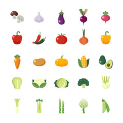 Vegetarian, vegetable, veggies colorful flat icons set.