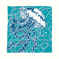 Vector hand drawn illustration of swimming jellyfish.