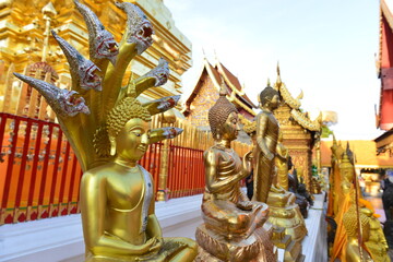 Fototapeta premium Golden Buddha statue around the golden pagoda at Wat Prathat Doi Suthep. Chiang Mai, Thailand.