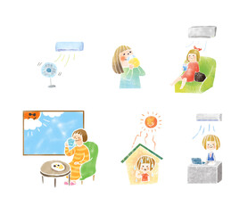 夏の暑さ対策する女性のイラスト