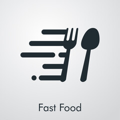 Concepto restaurante. Icono plano texto Fast Food con cubiertos con líneas de velocidad en fondo gris