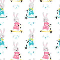 Seamless pattern with bunny on scooter. Vector