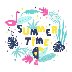 Naklejka na ściany i meble Summer time hand drawn inspiration motivation lettering quote with palm, monstera leaves, flamingo and toucan. Vector