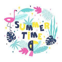 Summer time hand drawn inspiration motivation lettering quote with palm, monstera leaves, flamingo and toucan. Vector