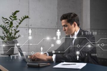 Businessman in office working with laptop, develop networking chain to push new social media project, typing computer. Double exposure.