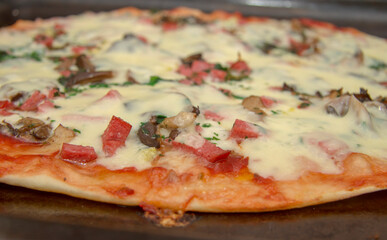 Pizza with mozzarella, fried mushrooms, sausage and parsley