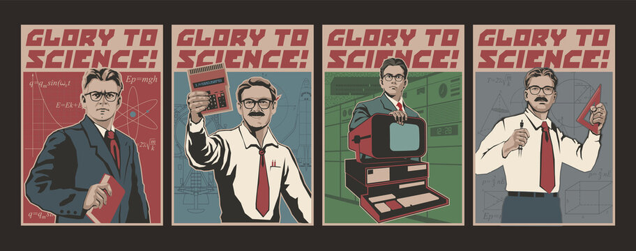 Glory to Science, Retro Science Propaganda Placards Stylization, Maths, Physics, Programming, Engineering