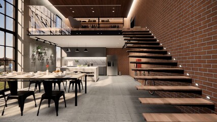 3d rendering. Interior house modern open living space with kitchen.Loft style Duplex apartment residence.Home decoration luxury  interior design.