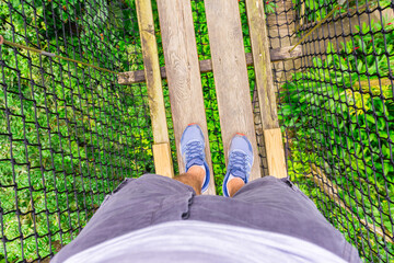 Hanging bridge in the air. Canopy tour, Mamelles Parc, Bouillante, Basse-Terre, Guadeloupe