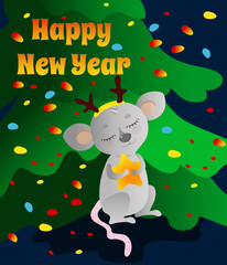 Cute tender rat sits under a Christmas tree with an asterisk in its paws. The beast put on a decorative rim of deer horns on his head. Greeting card with text Happy New Year.