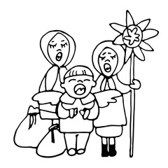 Children a boy in an angel costume and two girls sing a Christmas carol or generosity song. Ukrainian traditions of the celebration of winter holidays. Hand-drawn vector doodle sketch.