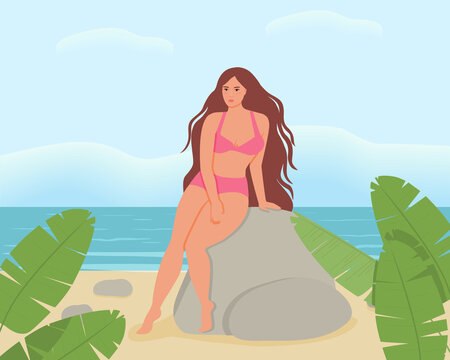 Cute girl with long hair near the sea on the beach. A young woman in a swimsuit is resting. Summer bright flat vector illustration.