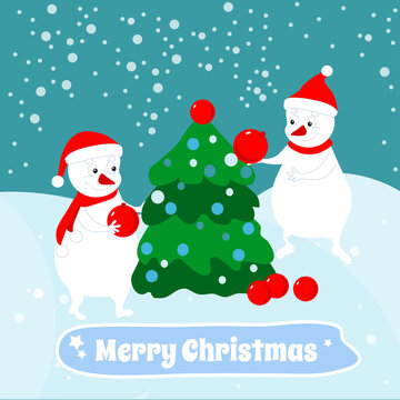Cartoon snowmen decorate the Christmas tree. Christmas and New Year vector illustration. Design for greeting cards, images.