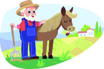 Farmer with horse. Countryside background. Old MacDonald . Old farmer stay stay beside horse.