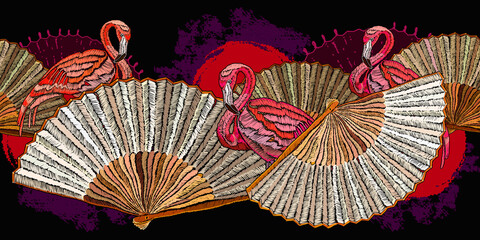Pink flamingo and colorful japan fan. Asian horizontal seamless pattern.  Fashion oriental art. Japanese and Chinese ethnic style © Matrioshka
