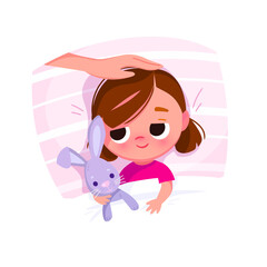 Sleepy baby in the bed. Bed time. Girl holding rabbit toy. Bunny rabbit.