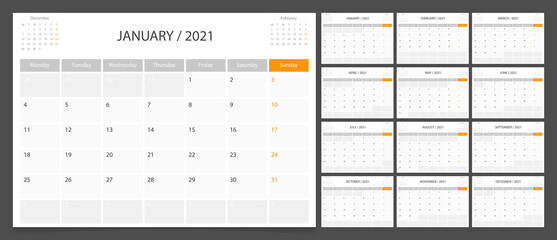 Calendar 2021 week start Monday corporate design planner template.