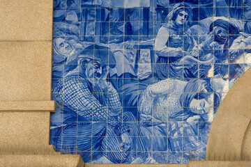 Azulejos panel in Sao Bento railway station in Porto, Portugal