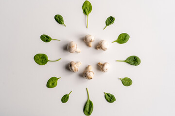 Fresh hampignons and spinach leaves in the center of a white background. Healthy food for diet. Top view
