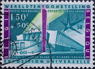 BELGIUM - CIRCA 1958: A postage stamp from Belgium for the world exhibition showing the pavilion of the Belgian Congo and Rwanda-Urundi