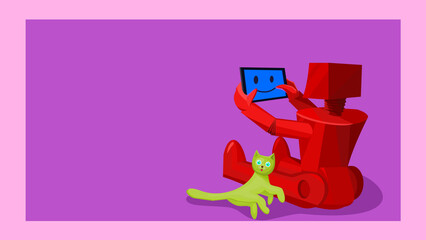 The red robot sitting with his cat and playing smart tablet computer. ( vector )