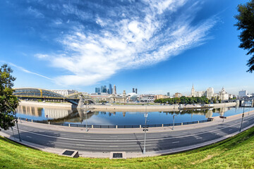 wide moscow city skyline panorama landmark with historical kievskaya train station building and city downtown financial business district skyscrapers on background panoramic landscape street view