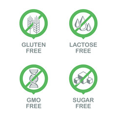 Sugar free, Gluten free, Lactose free, GMO free - set of vector attention tags - food cover decoration element for healthy natural organic nutrition
