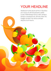 Cornucopia with fruits and vegetables - vector template with abstract elements  for autumn harvest festivals and food markets