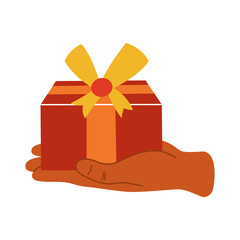 Gift box in hand on a white isolated background. The icon. Present. Vector illustration