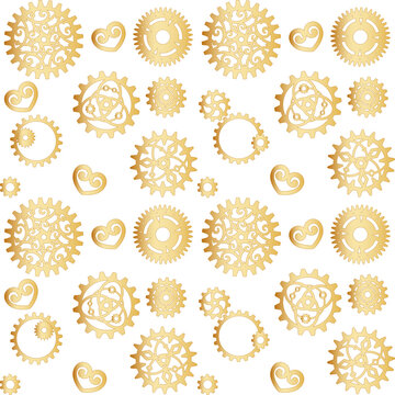 Golden openwork gears on a white. Mechanism, steampunk, retro. Vector seamless pattern for wallpaper, wrapping paper, packaging, website, printing on fabric, textile, clothes and bags. Design template