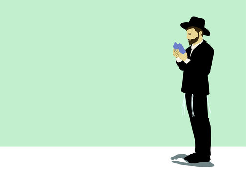Vector drawing of a chassid. Religious orthodox Jew. Torah observant and commandments. Praying, crying, sighing, begging,
The figure is wearing a hat, and a black suit, with tassels on both sides.