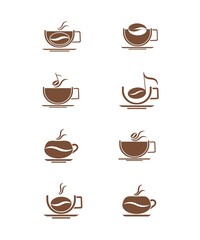Obraz premium Set of stylized, coffee cups. Silhouette image on a white background. Design element. Vector graphics.