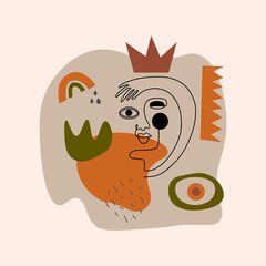 Abstract composition of geometric elements and a female linear portrait. Contour drawing and abstract lines, shapes.Minimalist style. Stock vector illustration.