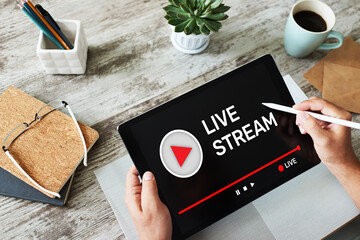 Live stream transmit or receive video and audio coverage over the Internet. Digital marketing and advertising concept.