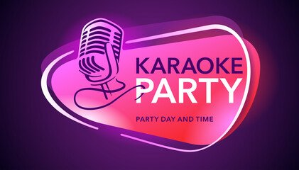 Karaoke Party flyer, banner or poster template - microphone silhouette and sample text on dark neon glowing background