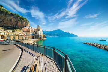 Road leading along Amalfi coast to small town Atrani in province of Salerno, Campania region, Italy. © IgorZh