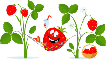 Strawbery Character Rest in Hammock, Drink Juice - Vector Cartoon Illustration Flat Design