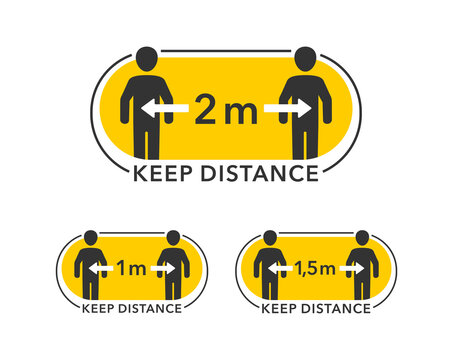 Keep distance sign - social distancing (2 m, 1,5 m, 1 m) - two people with dimension arrow between them 