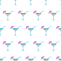 Seamless pattern Cocktail with umbrella, olives and straws in a flat style. Cocktail icon. Isolated. Vector.