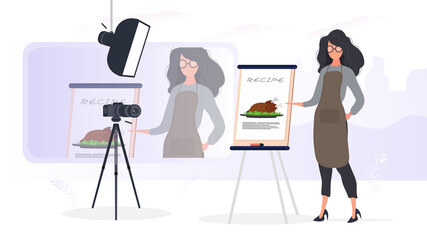 Woman cook in the kitchen keeps leading a culinary vlog. A girl in a kitchen apron holds a fried chicken. Vector.