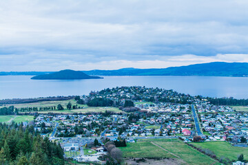 Aerial view of Rotorua city in the dusk